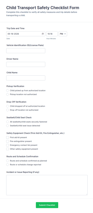 Child Transport Safety Checklist Form Template