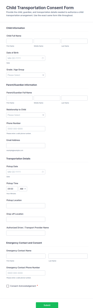Child Transportation Consent Form Template