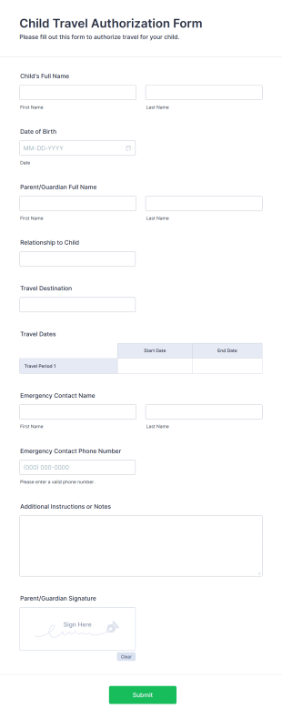 Child Travel Authorization Form Template