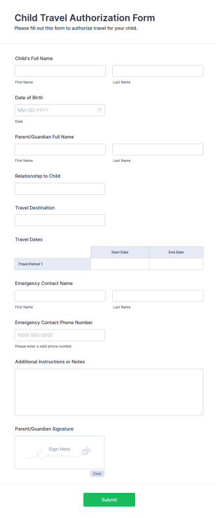 Child Travel Authorization Form Template