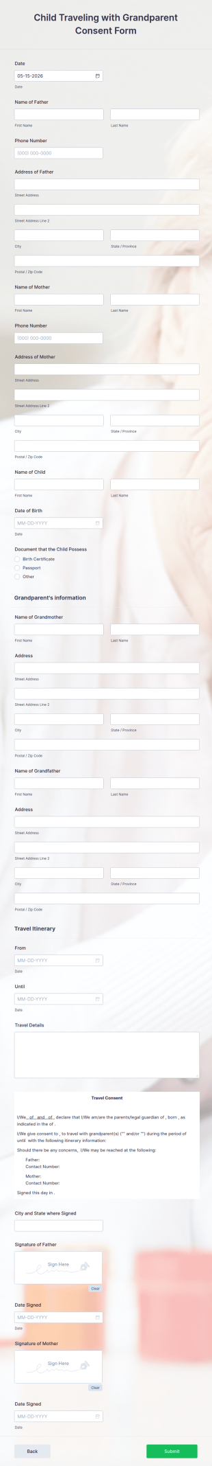 Child Traveling With Grandparent Consent Form Template
