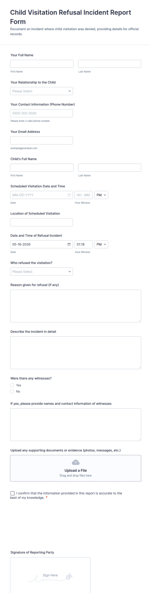 Child Visitation Refusal Incident Report Form Template