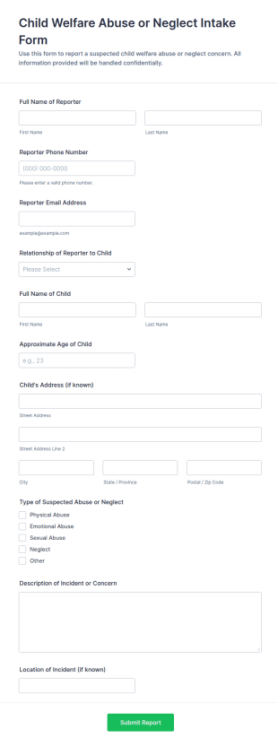 Child Welfare Abuse Or Neglect Intake Form Template