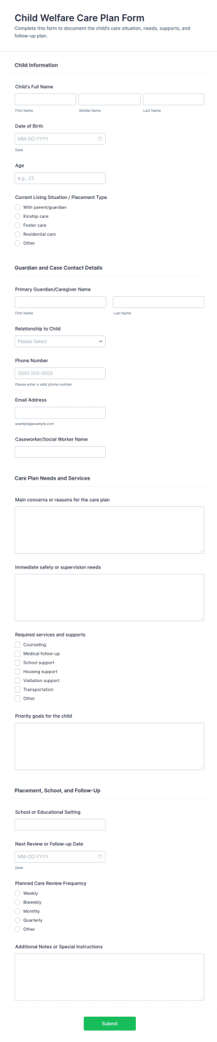 Child Welfare Care Plan Form Template