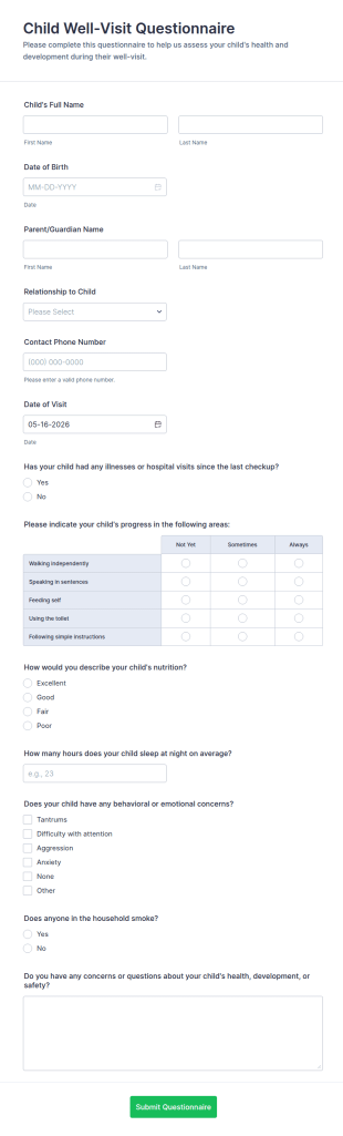 Child Well Visit Questionnaire Form Template