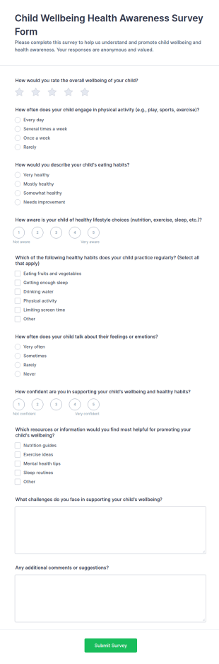 Child Wellbeing Health Awareness Survey Form Template