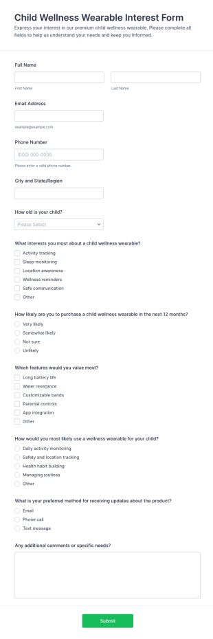 Child Wellness Wearable Interest Form Template