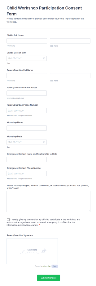 Child Workshop Participation Consent Form Template