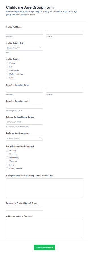 Childcare Age Group Form Template