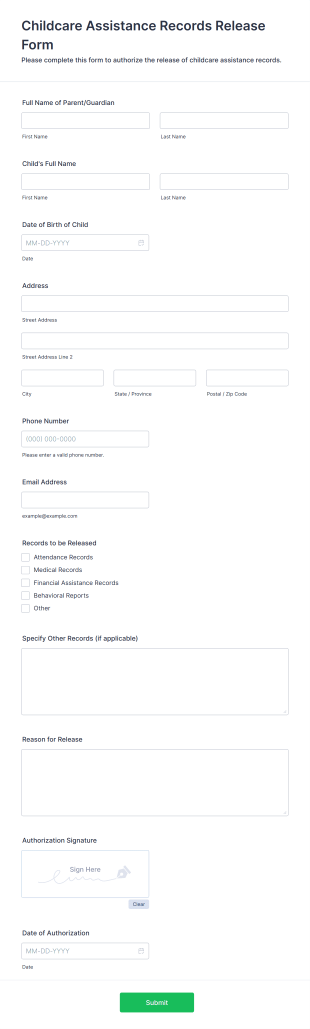 Childcare Assistance Records Release Form Form Template