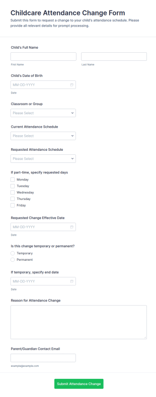 Childcare Attendance Change Form Template
