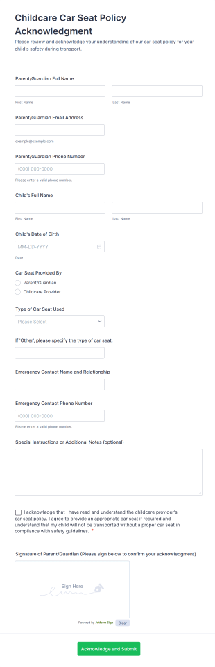 Childcare Car Seat Policy Acknowledgment Form Template