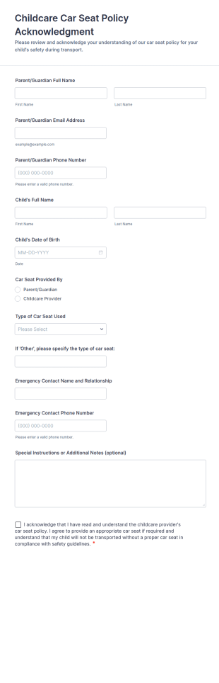 Childcare Car Seat Policy Acknowledgment Form Template