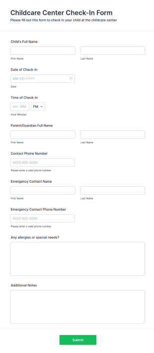 Childcare Center Check In Form Template