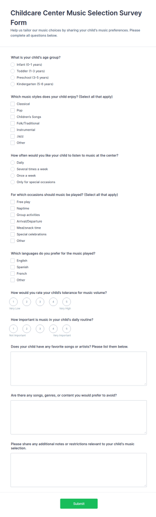 Childcare Center Music Selection Survey Form Template