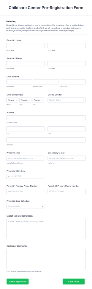 Childcare Center Pre Registration Form Template