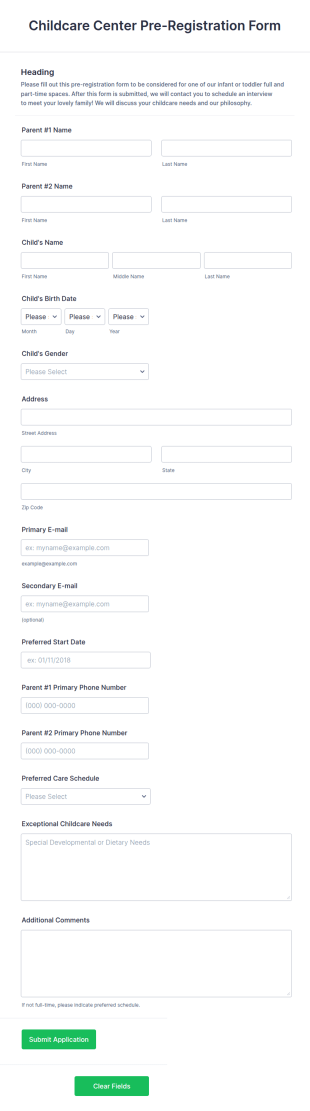 Childcare Center Pre Registration Form Template