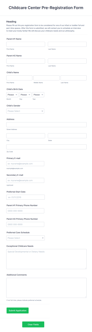 Childcare Center Pre Registration Form Template