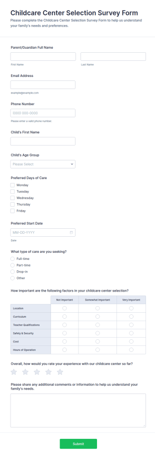 Childcare Center Selection Survey Form Template
