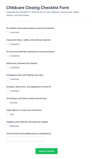 Childcare Closing Checklist Form Template