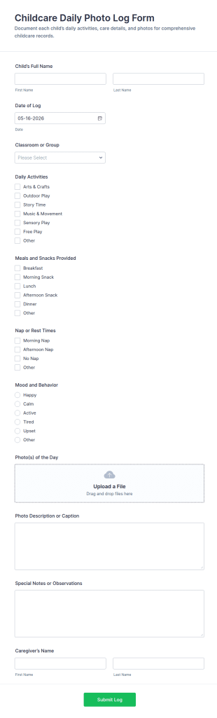 Childcare Daily Photo Log Form Template