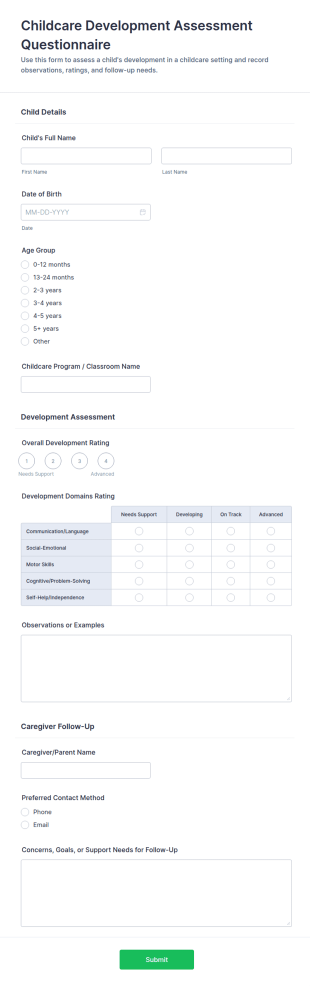 Childcare Development Assessment Questionnaire Form Template