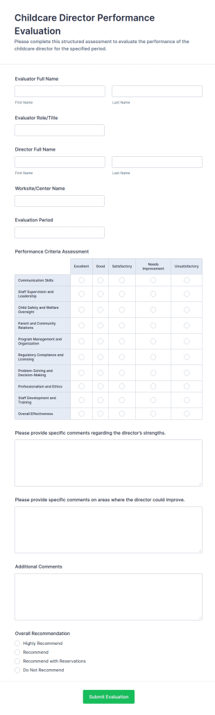 Childcare Director Performance Evaluation Form Template