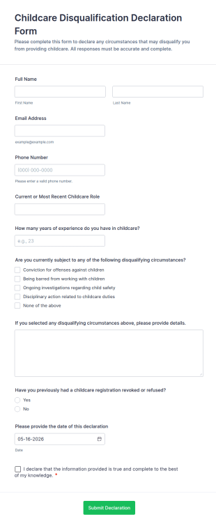 Childcare Disqualification Declaration Form Template