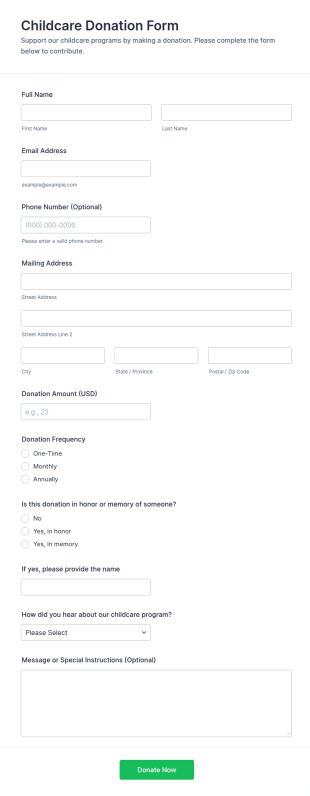 Childcare Donation Form Template
