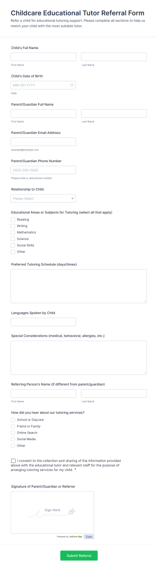 Childcare Educational Tutor Referral Form Template