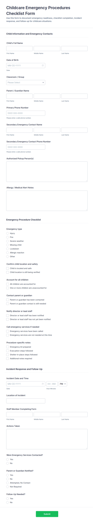 Childcare Emergency Procedures Checklist Form Template