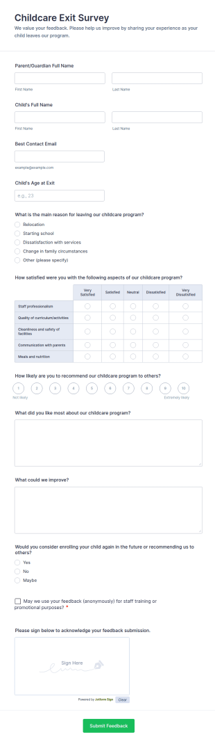 Childcare Exit Survey Form Template