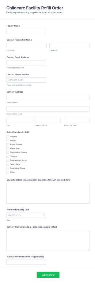 Childcare Facility Refill Order Form Template