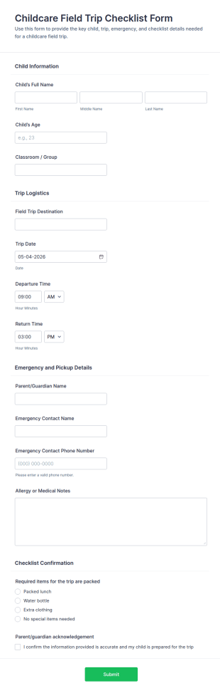 Childcare Field Trip Checklist Form Template