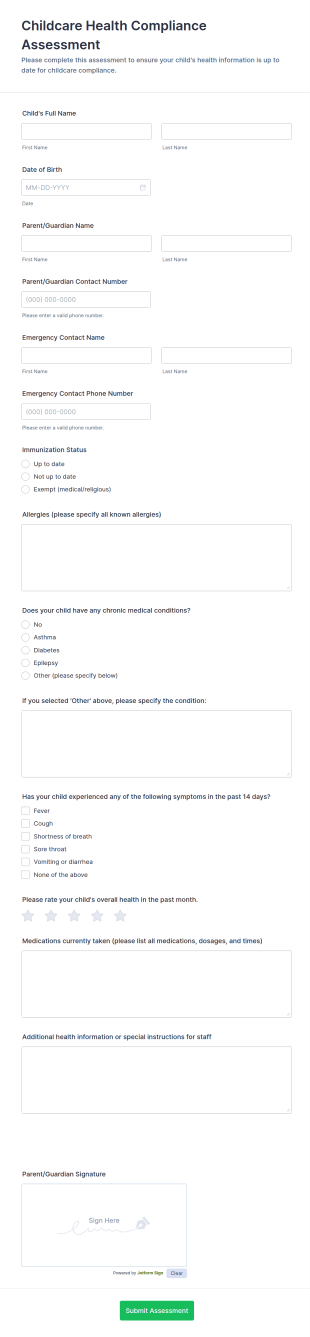 Childcare Health Compliance Assessment Form Template