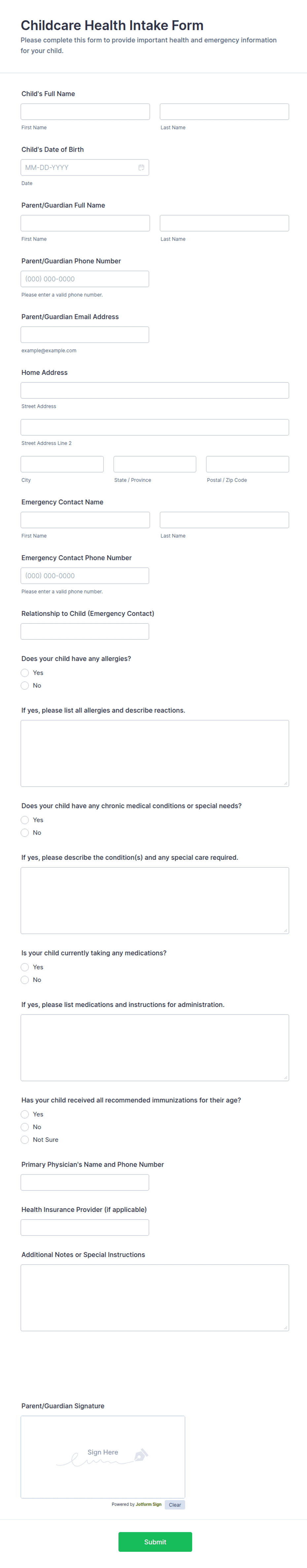 Childcare Health Intake Form Template | Jotform