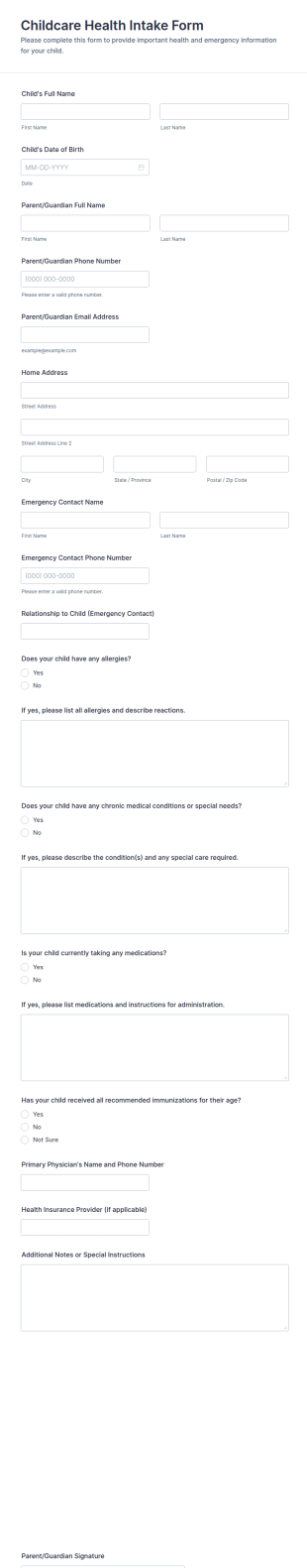 Childcare Health Intake Form Template