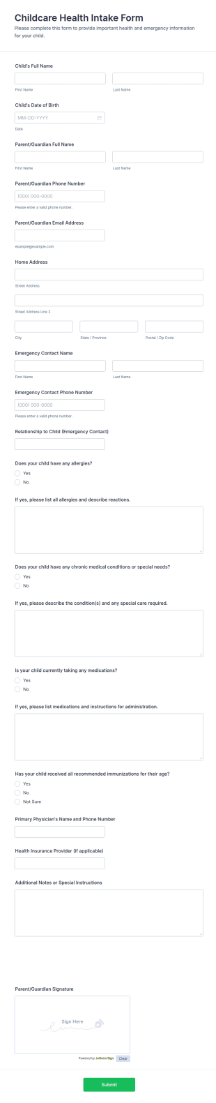 Childcare Health Intake Form Template