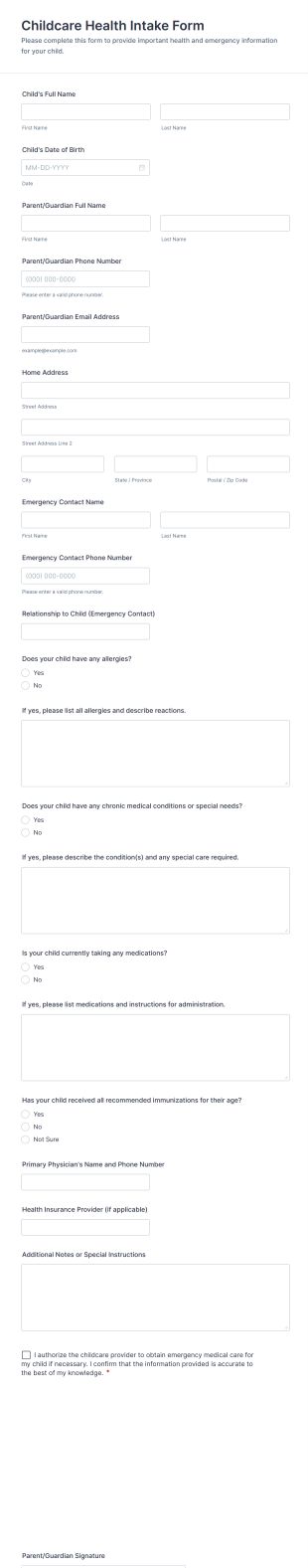 Childcare Health Intake Form Template