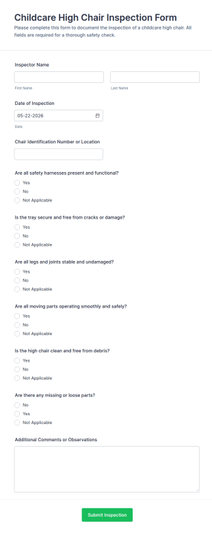 Childcare High Chair Inspection Form Template