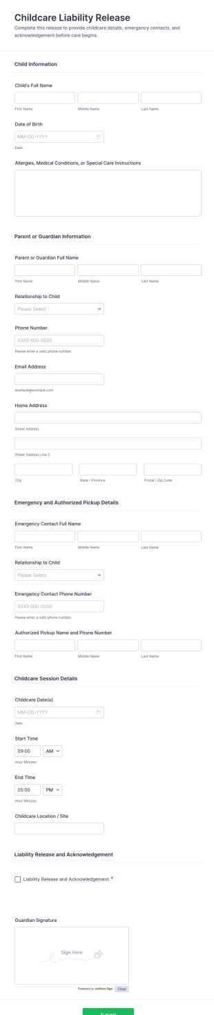 Childcare Liability Release Agreement Form Template