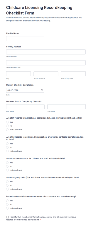 Childcare Licensing Recordkeeping Checklist Form Template