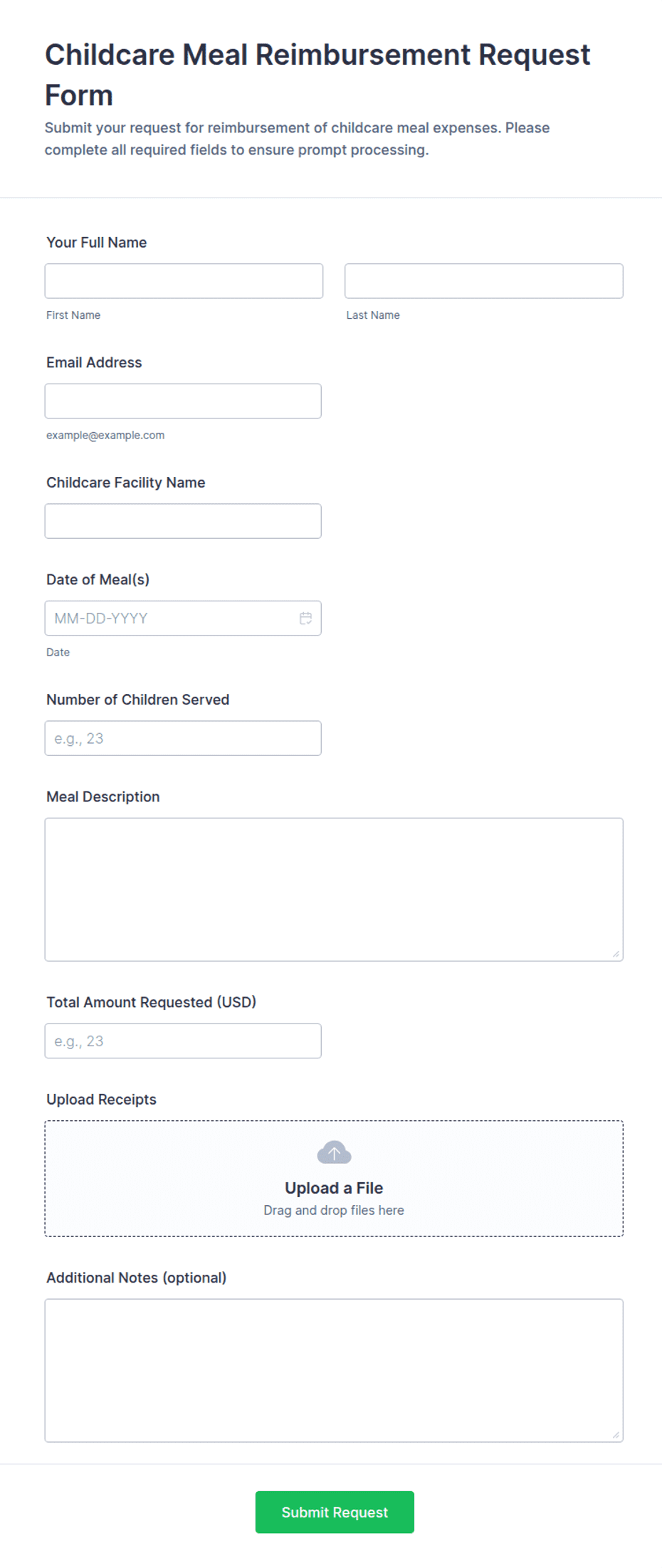 Childcare Meal Reimbursement Request Form Template | Jotform