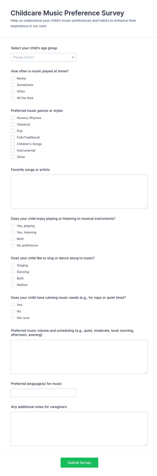 Childcare Music Preference Survey Form Template