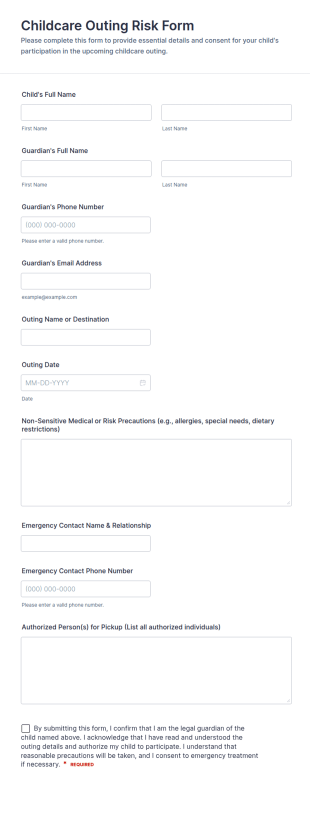 Childcare Outing Risk Form Template