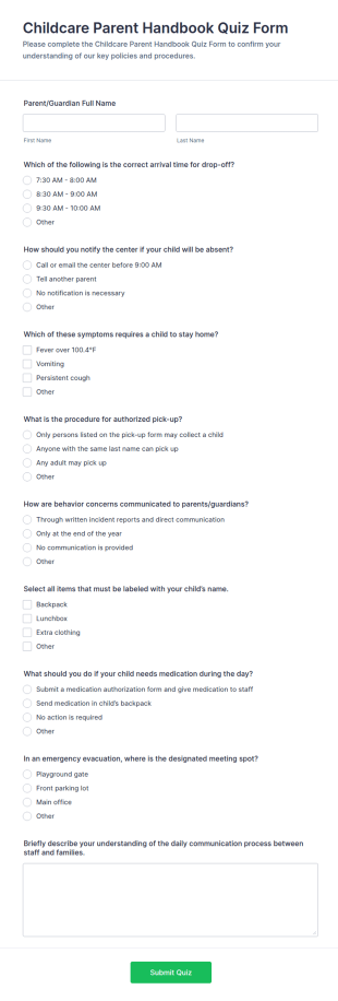 Childcare Parent Handbook Quiz Form Template