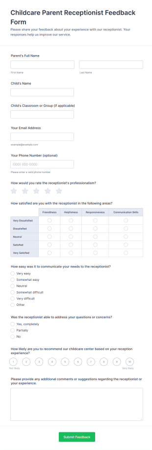 Childcare Parent Receptionist Feedback Form Template