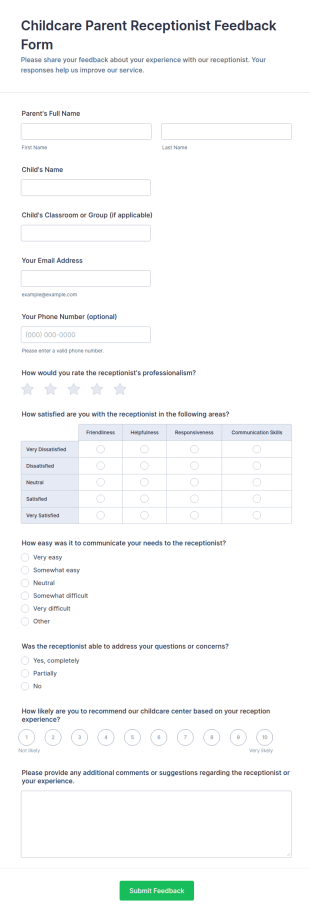 Childcare Parent Receptionist Feedback Form Template