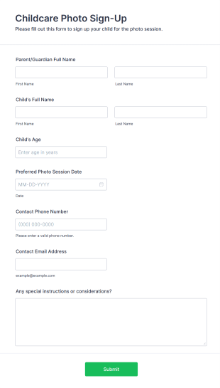 Childcare Photo Sign Up Form Template