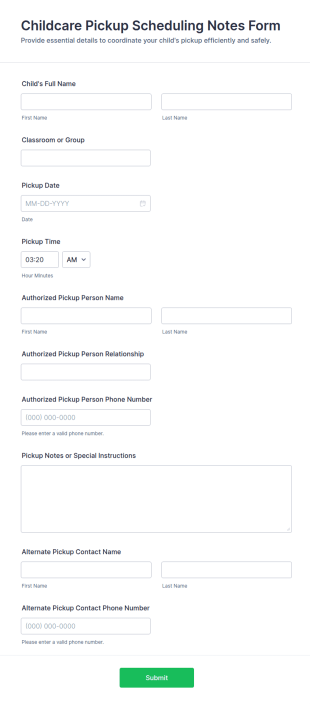 Childcare Pickup Scheduling Notes Form Template